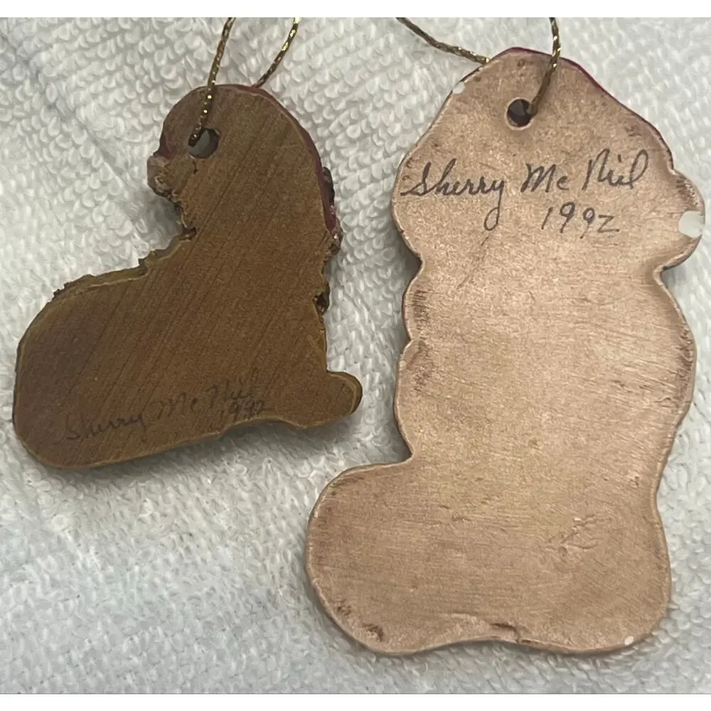 Sherry McNeil Signed Christmas Ornament Lot of 2 Teddy Bear & Cat 90s  Folk Art